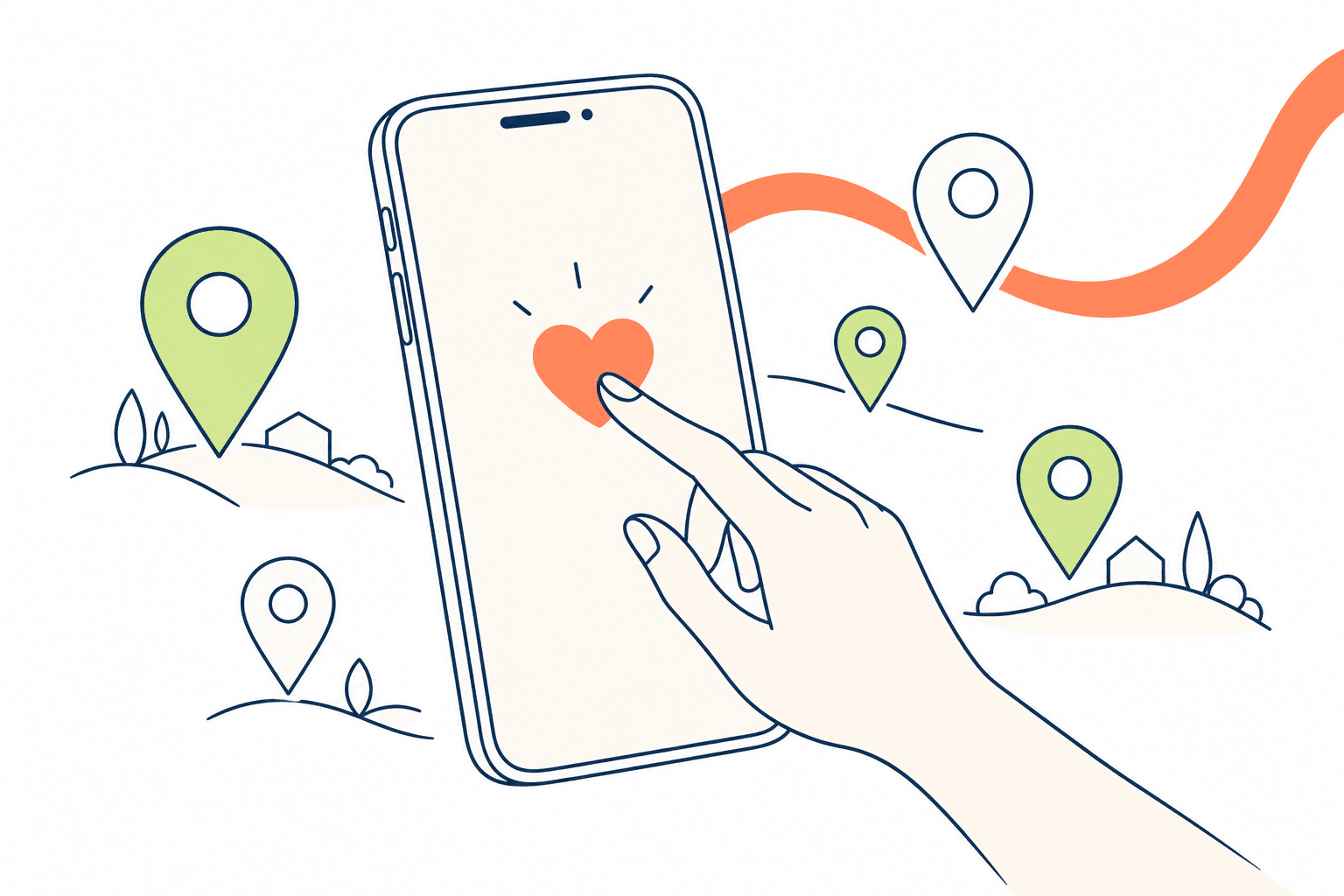 Smartphone mit Herz und Standortmarkierungen für lokale Hilfe unterwegs